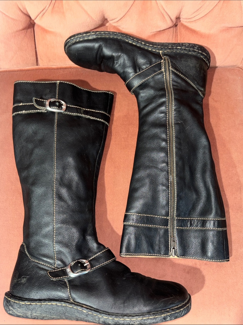 BORN black leather boots knee high zip up boots double strap detail winter boot - Picture 3 of 13